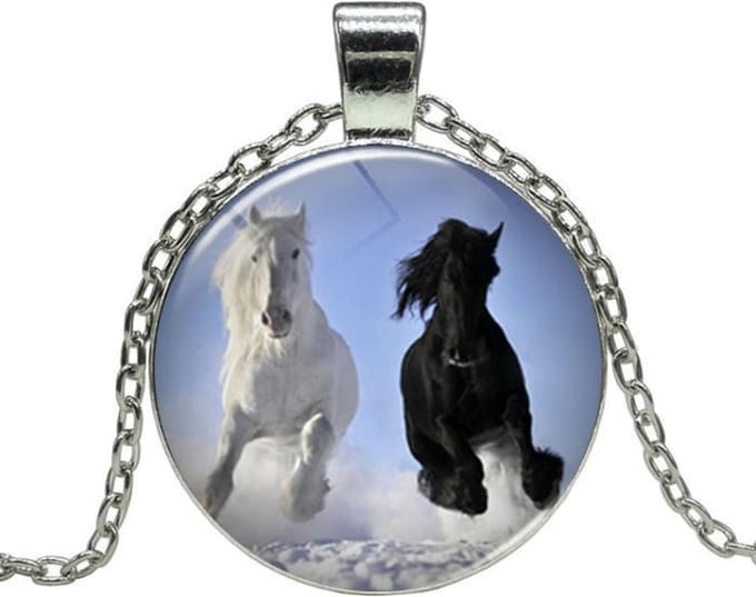 Fako Bijoux® - Ketting - Cabochon - Paard - Zwart & Wit
