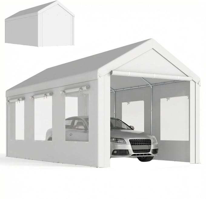 Outsunny Carport, gegalvaniseerd staal, PE, 600 x 295 x 295 cm, wit