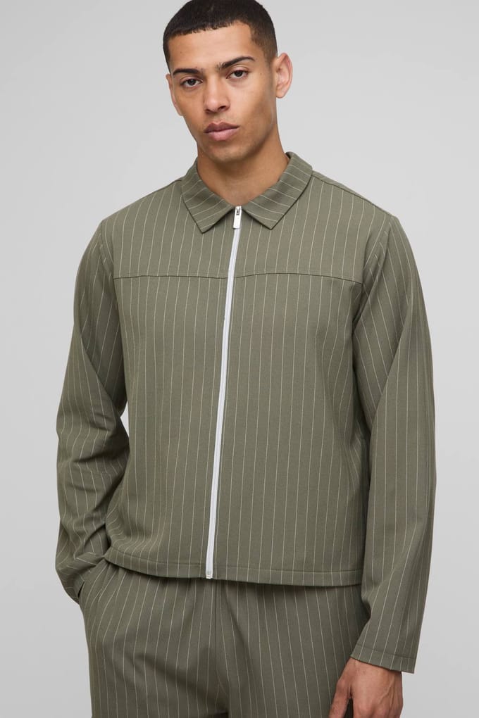 Regular Fit Stripe Harrington Jacket | Khaki | Size Small