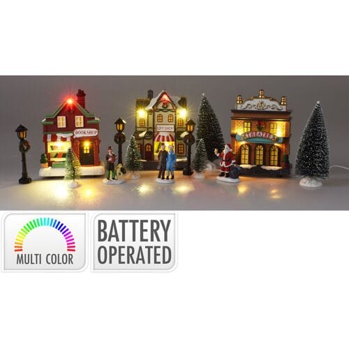 Kerstdorp huisjes set - met accessoires - 14 dlg - met LED - RGB - batterij
