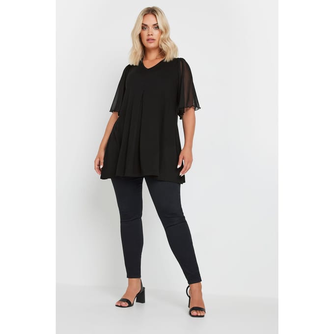 Yours Top Met Plooidetail En Korte Engelmouwen In Zwart Size 48