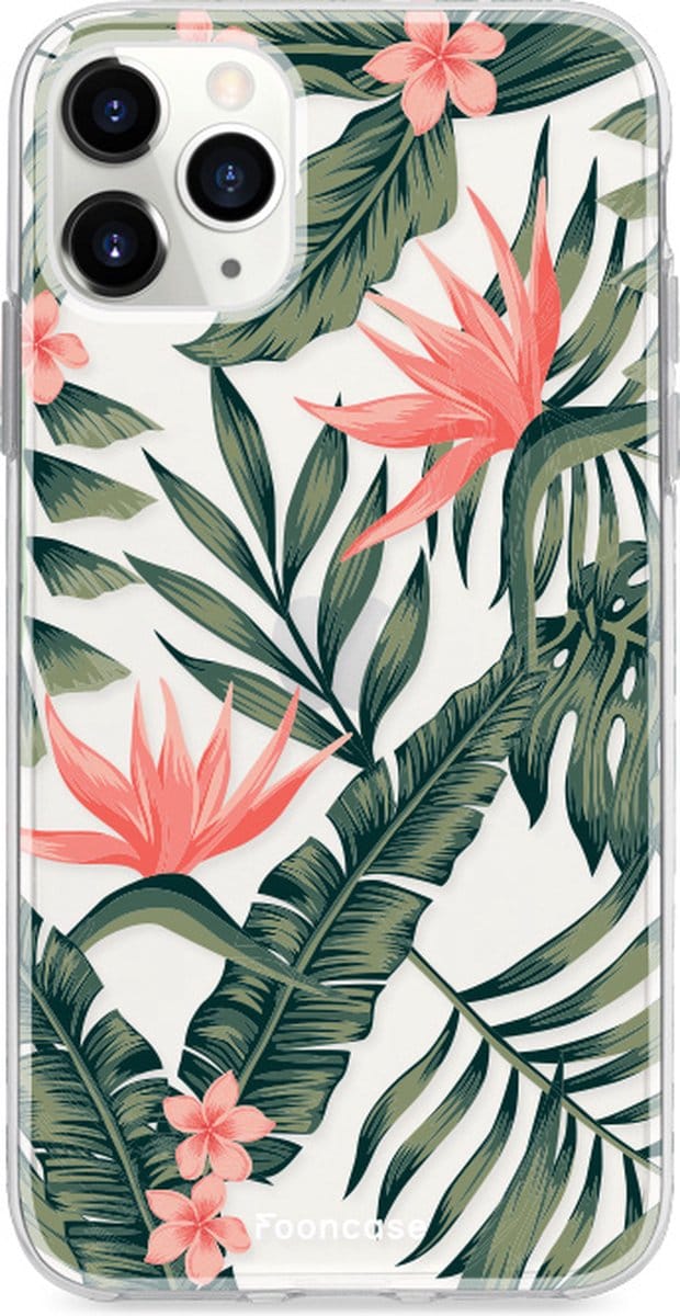 Fooncase Hoesje Geschikt voor iPhone 12 Pro Max - Shockproof Case - Back Cover / Soft Case - Tropical Desire / Bladeren / Roze