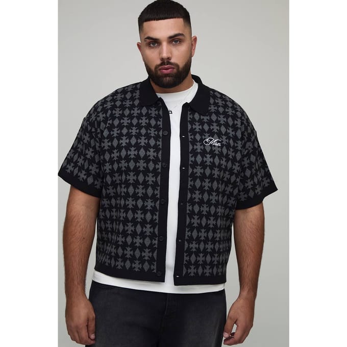 Plus oversized boxy fit jacquard patch gebreide overhemd | Black | Size 2XL