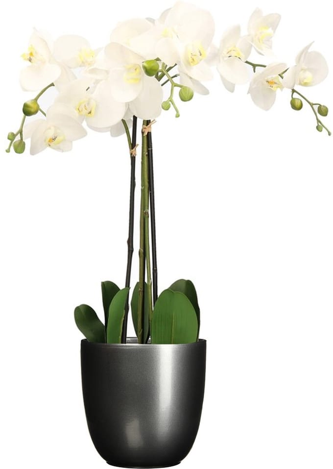 Orchidee kunstplant wit - 75 cm - inclusief bloempot titanium grijs glans - Kunstbloemen in pot