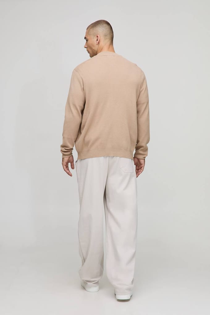 Regular Fit Smart Knitted Bomber Jacket | Taupe | Size Small