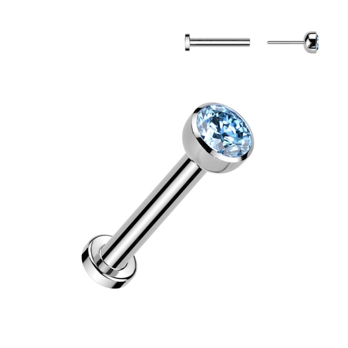 Piercing titanium CZ steen push in 1.2x6x3 - zilver aqua - LMPiercings
