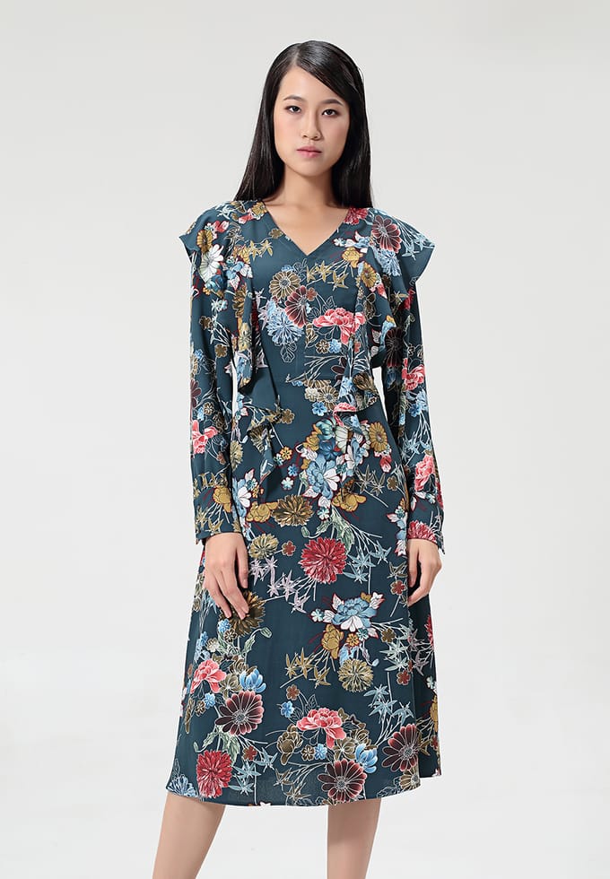 Fit-and-flare bloem-print midi-jurk