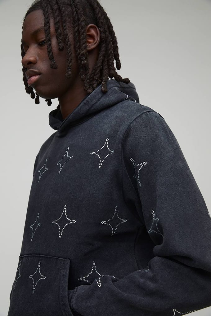 Boxy Washed All Over Rhinestone Hoodie | Charcoal | Size Medium
