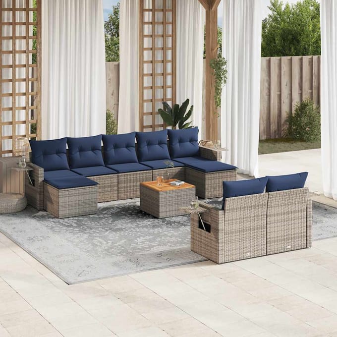 vidaXL - 10-delige - tuinbankset - met - kussens, - grijs - polyrotan