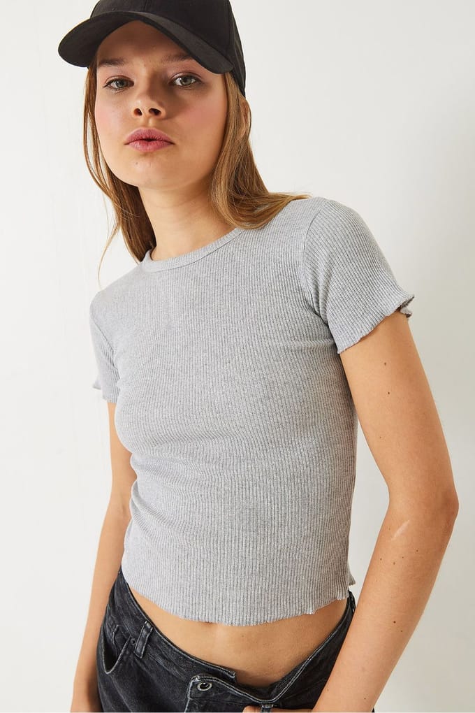 Geribde Crop Top T-shirt met Rimpelrand Detail