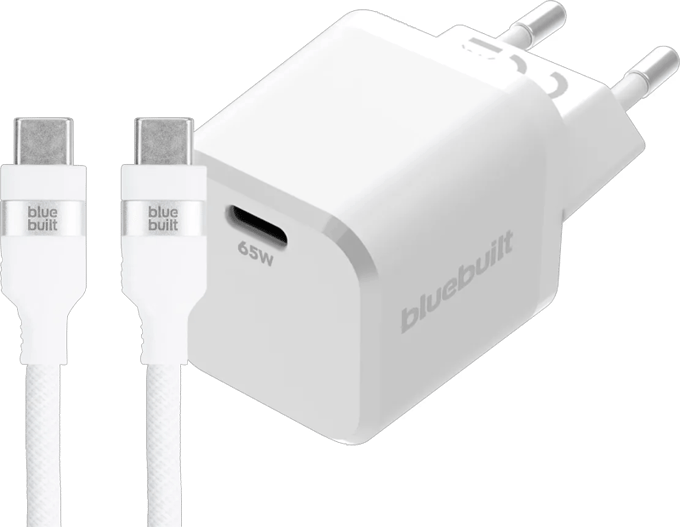 BlueBuilt 65W GaN Usb C Oplader Wit + Usb C Kabel 240W 2m Nylon Wit