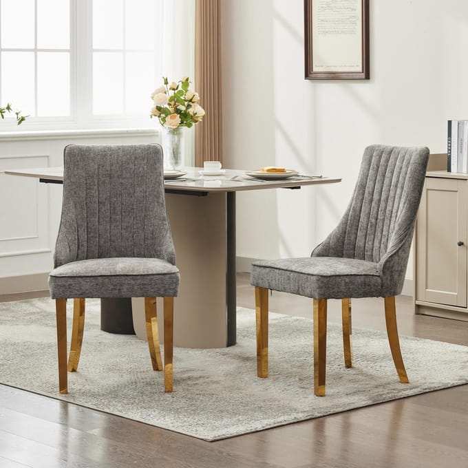 Clruro Eetkamerstoelen - Set van 2 - Comfortabel Design - Gouden Poten - Chenille Stof - Grijs