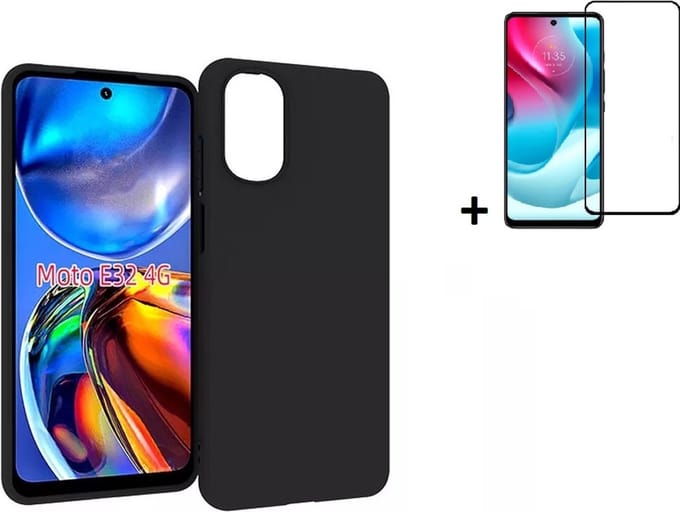 MoDo hoesje Geschikt voor Motorola Moto E32/ E32s - Siliconen Back Cover - Zwart met full screenprotector