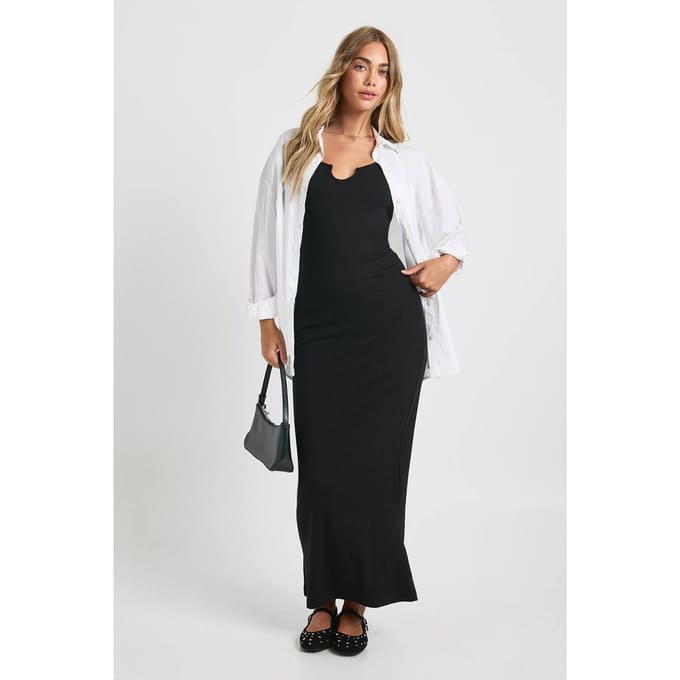 boohoo Dames Basic Rib Notch Maxi Jurk | Zwart | Maat: 36