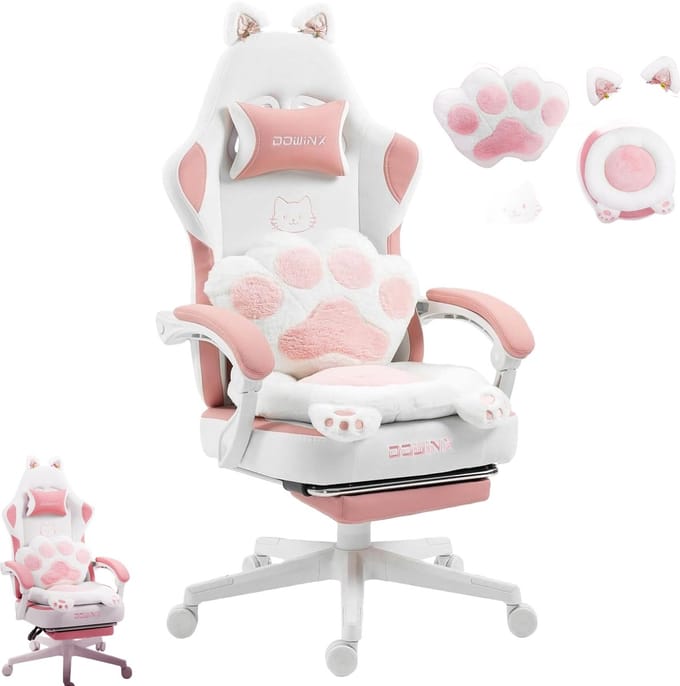 Dowinx Gamingstoel – Kattenpoot-design – Roze – Stoffen – Voetsteun – Verstelbaar – Ergonomisch