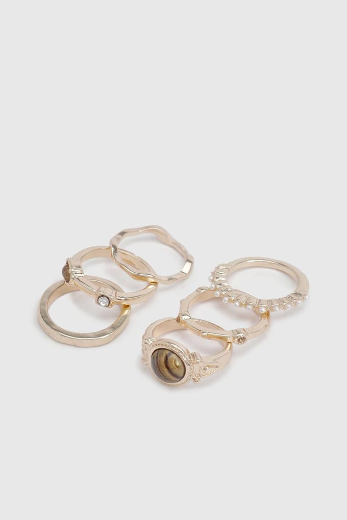 boohoo Dames Ringen Met Steendetail 6-pack | Goud | Maat: Small/Medium