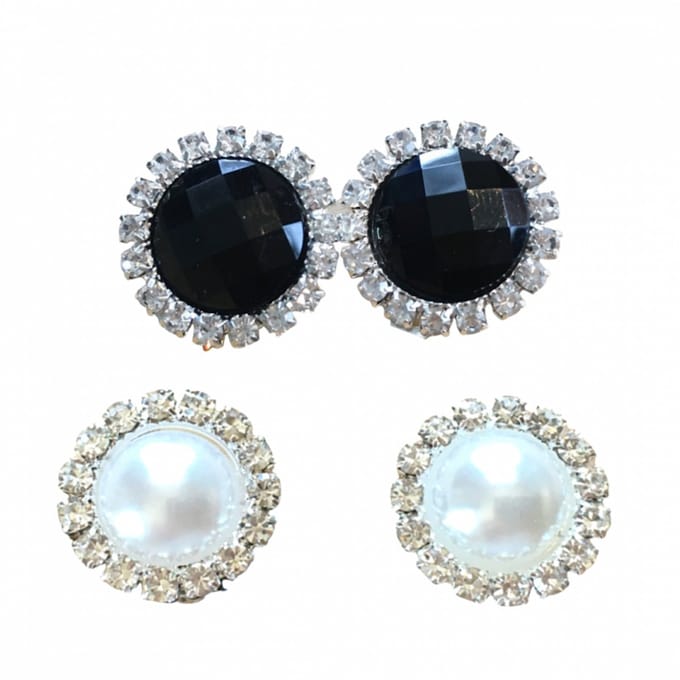 2 paar Clip oorbellen- Zwart- Wit Strass- 2 cm