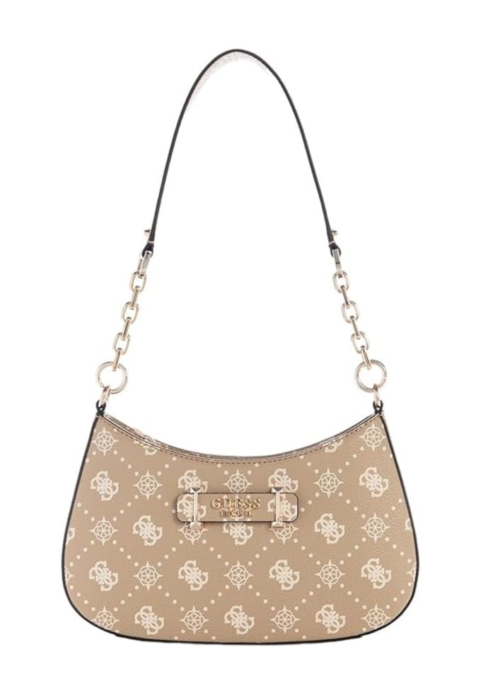 GUESS schoudertas Carrie Logo Top Zip Shoulder Bag Biscotti Logo beige