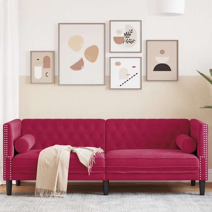 vidaXL - Driezitsbank - Chesterfield-stijl - met - bolsters - fluweel - wijnrood
