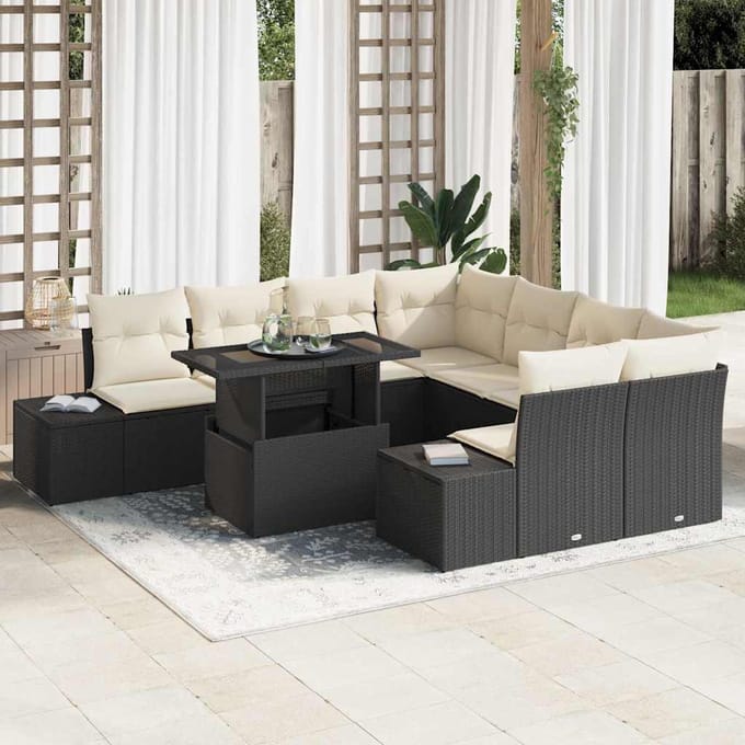 vidaXL - Tuinbank - Set - 9 - st - Zwart - en - Crème - poly - rattan