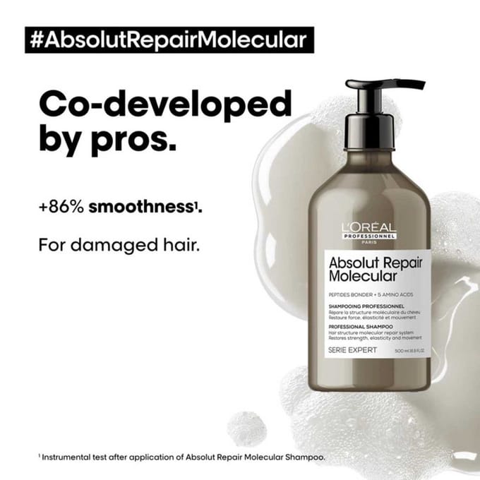 L’Oréal Professionnel Absolut Repair Molecular Shampoo - Voor beschadigd haar - Rijke, herstellende formula – 500ml
