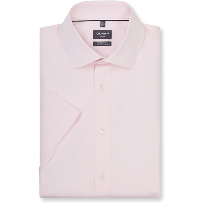 Modern fit Olymp overhemd roze witte knopen strijkvrij korte mouw