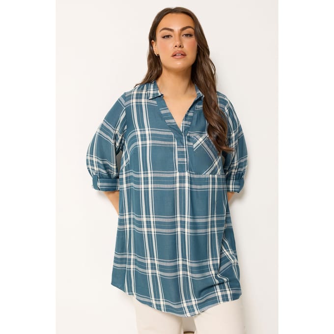 Yours Blauw Geruite Popoverblouse Size 44