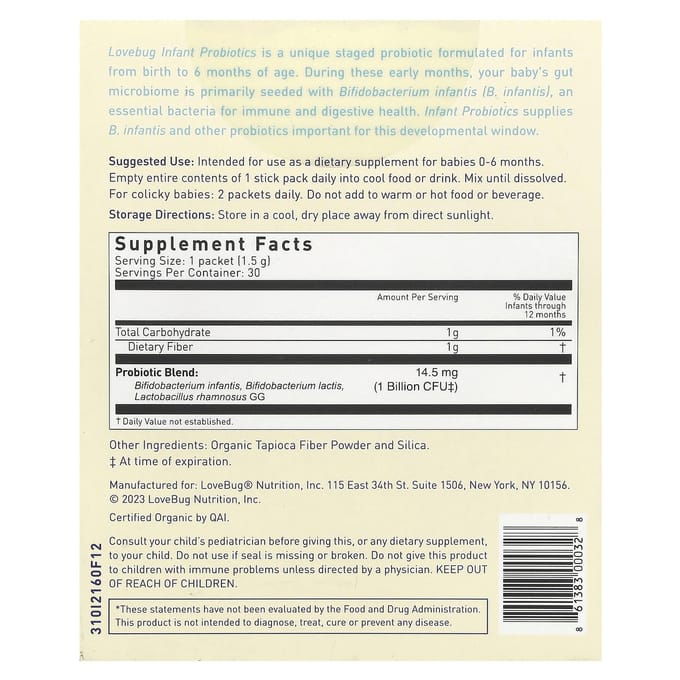 Probiotiques LoveBug, probiotiques pour nourrissons, 0 à 6 mois, 1 milliard d'UFC, sachets de 30 bâtonnets, 0,05 oz (1,5 g) Chaque