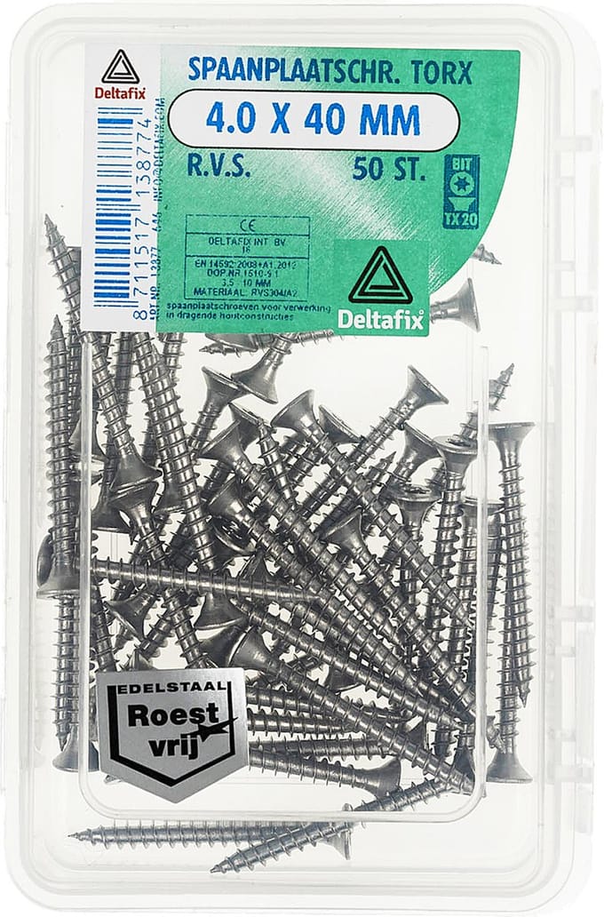 Deltafix spaanplaatschroef platkop / torx r.v.s. a2 4.0 x 40 mm 50 st.