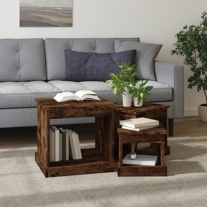 vidaXL - 3-delige - Salontafelset - bewerkt - hout - gerookt - eikenkleurig
