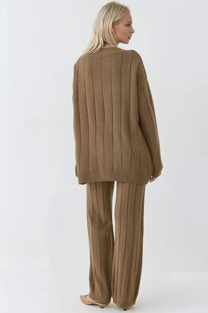 Getextureerde Brei Co-ords met V-Hals Cardigan en Wijde Pantalon