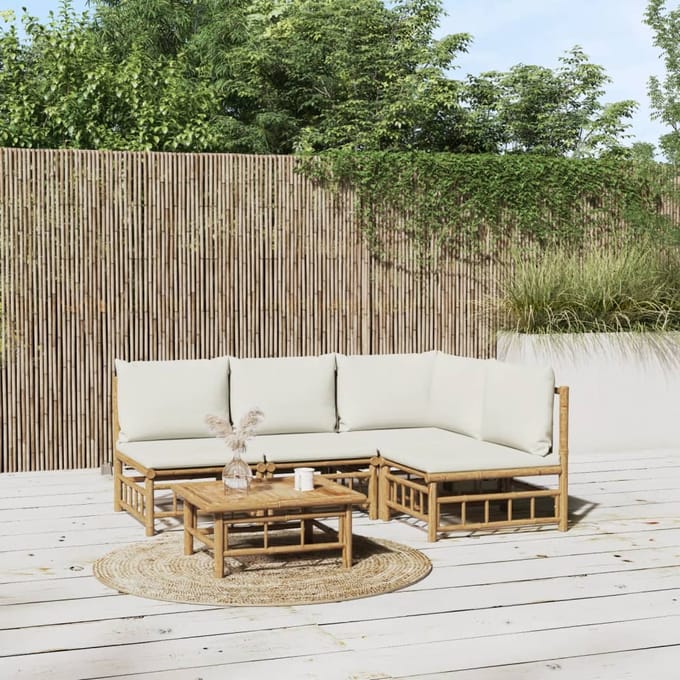 vidaXL - 5-delige - Loungeset - met - kussens - bamboe - crèmewit