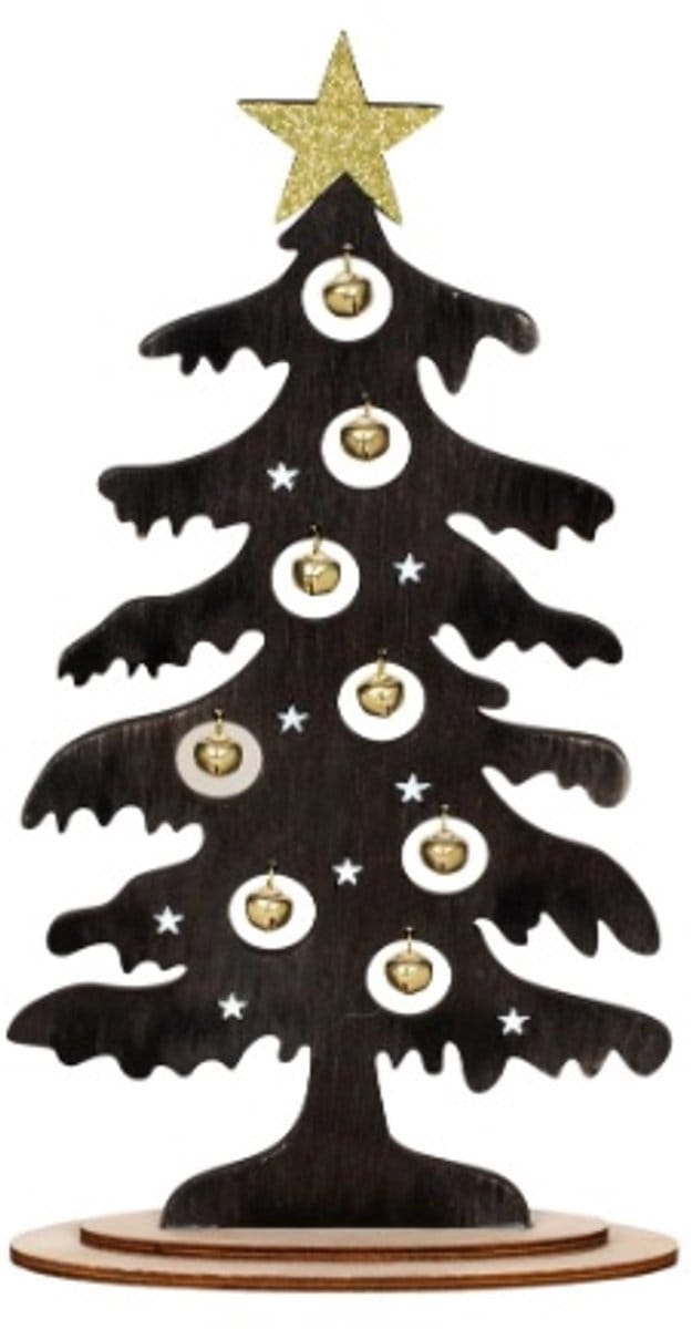 Kerstboom Hout - Zwart met Goud- Bellen - 30 cm Hoog