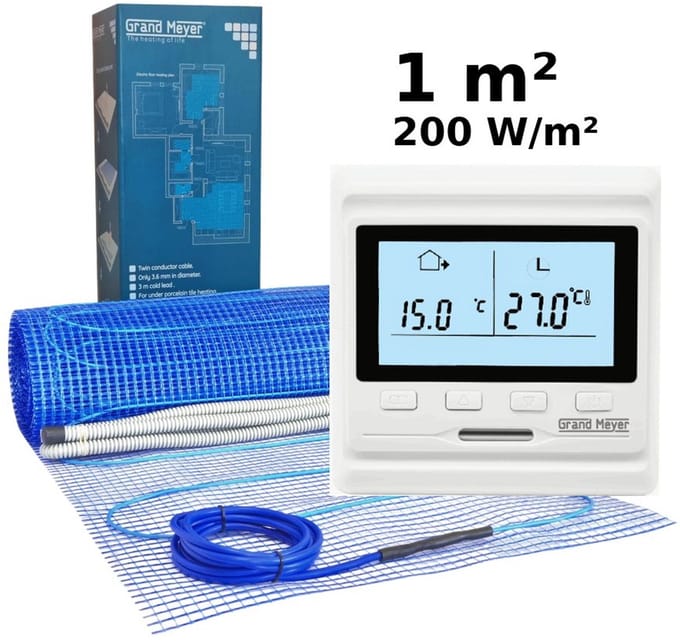 Elektrische vloerverwarmingsset 1 m², 200 W/m² + HW500 programmeerbare thermostaat