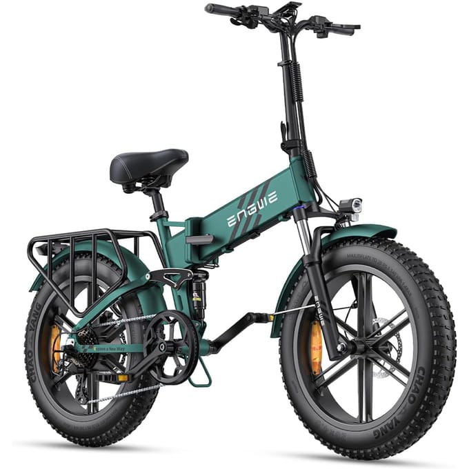 The ENGWE folding e-bike features 20x4.0-inch wide tires, a 16Ah battery, and the Engine Pro 2.0 powertrain. M groen