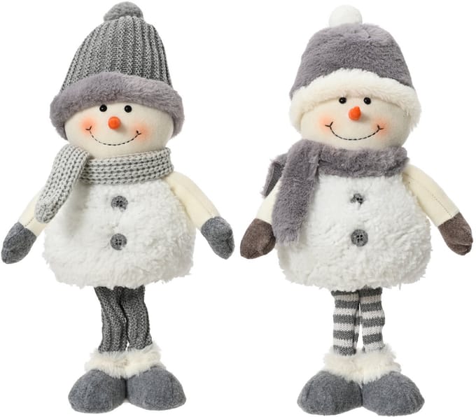 Decoris - Kerstdecoratie Sneeuwpoppen - Set van 2 – Polyester - Grijs/Sneeuw - H37 cm