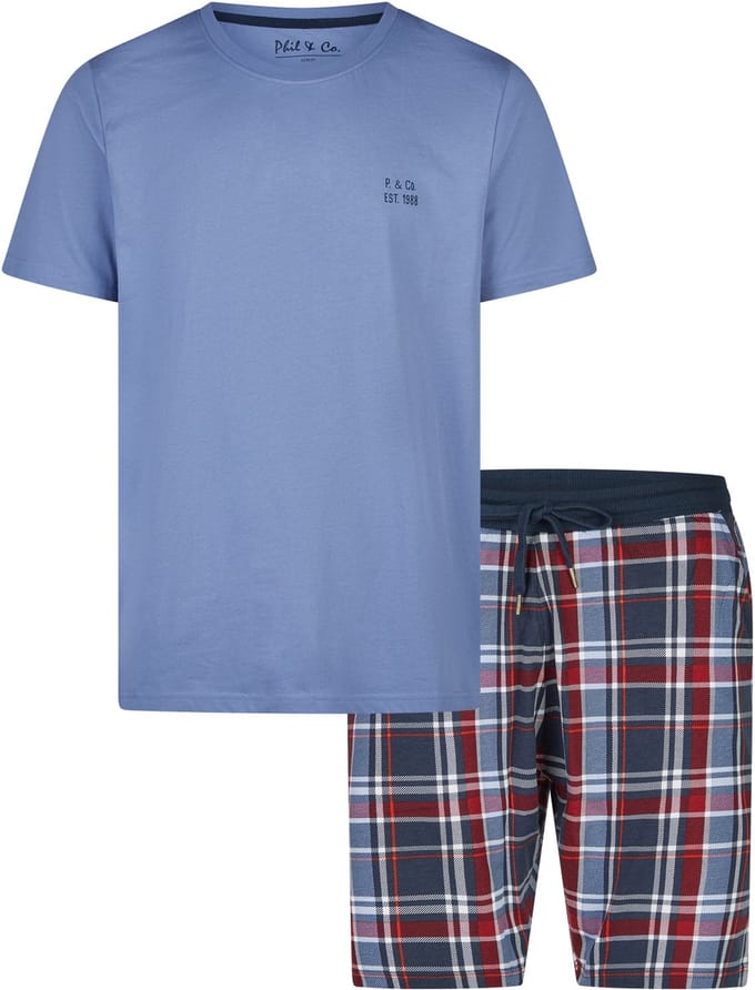 Phil & Co Essential Shortama Heren Korte Pyjama Set Blauw/Geruit - Maat XL