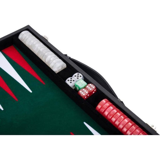 Backgammon 15 inch - Groen, Rood & Wit Ingelegd Bord - Luxe Kunststof Koffer met Handvat - Engelhart
