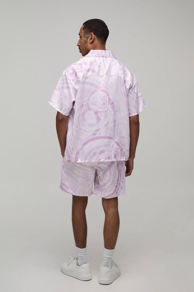Oversized Shirt En Short Set Met Korte Mouwen En Waterprint Satijn | Pink | Size Medium