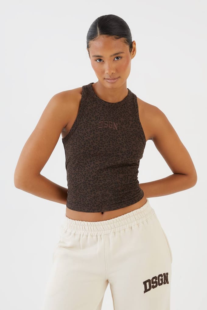 Dames Dsgn Studio Luipaard Racer Neck Vest Top | Chocoladebruin | Maat: Small