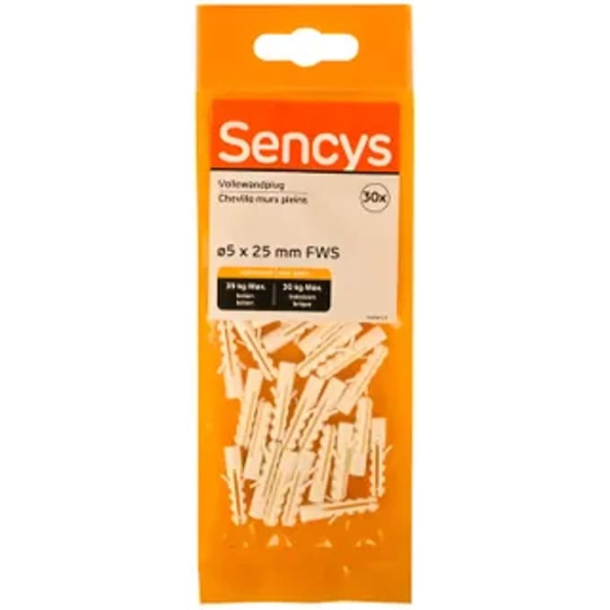 Sencys Plug Voor Volle Wand Nylon - Diam. 5x25mm - 30 Stuks