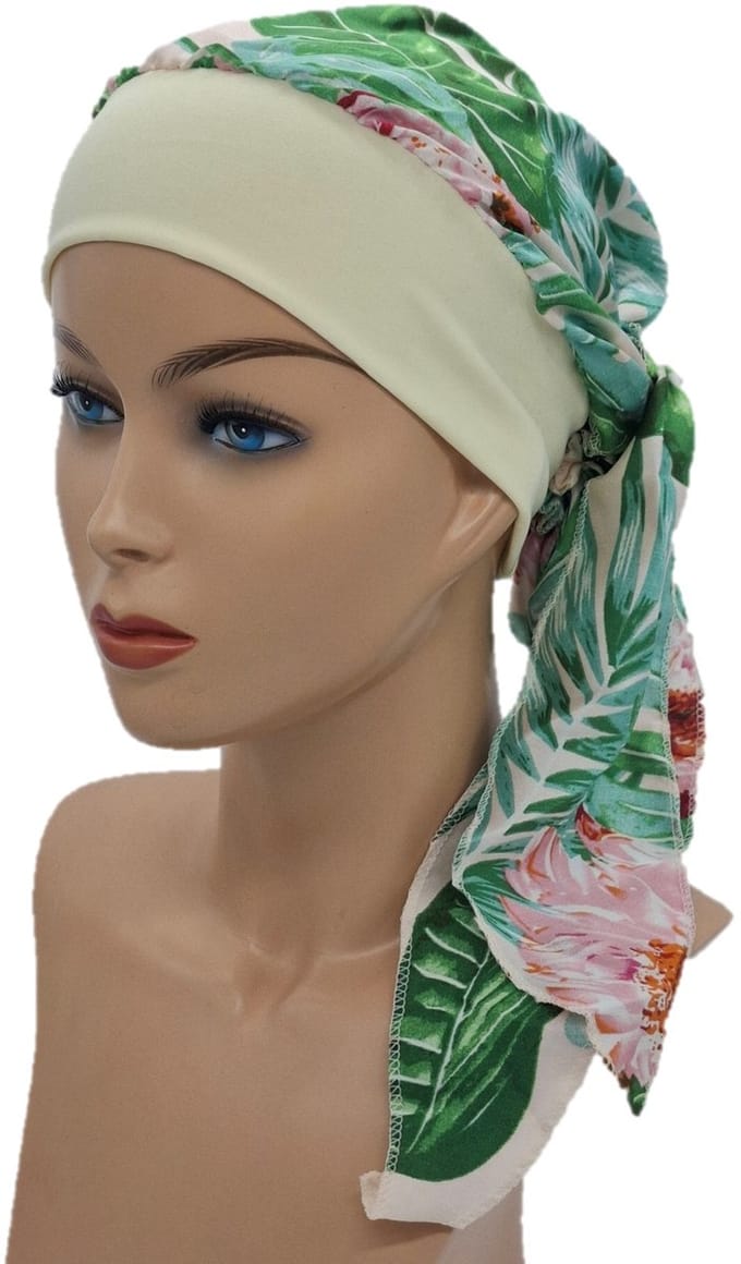 Johnson Headwear® - Chemo wikkelmuts -Chemo muts - Dames muts - Wit/Bloem - Chemo Cap - Muts - Cap - Hoofddeksel - Zomer Mutsje