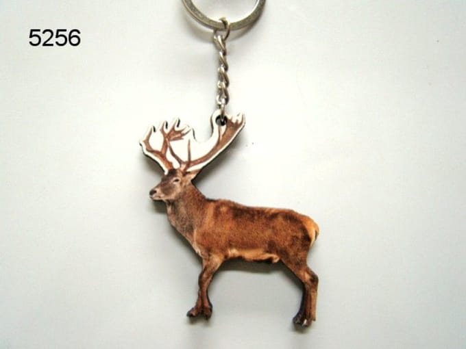 Geharo houten Sleutelhanger edelhert - Sleutelring 5 cm met Dieren Design