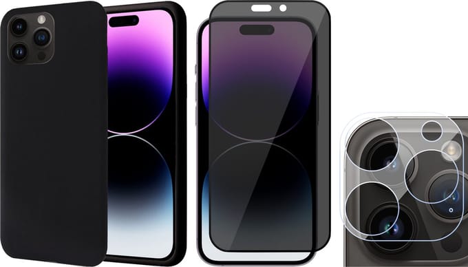 Hoesje geschikt voor iPhone 14 Pro - Privacy Screenprotector FullGuard & Camera Lens Screen Protector - Back Cover Case SoftTouch Zwart