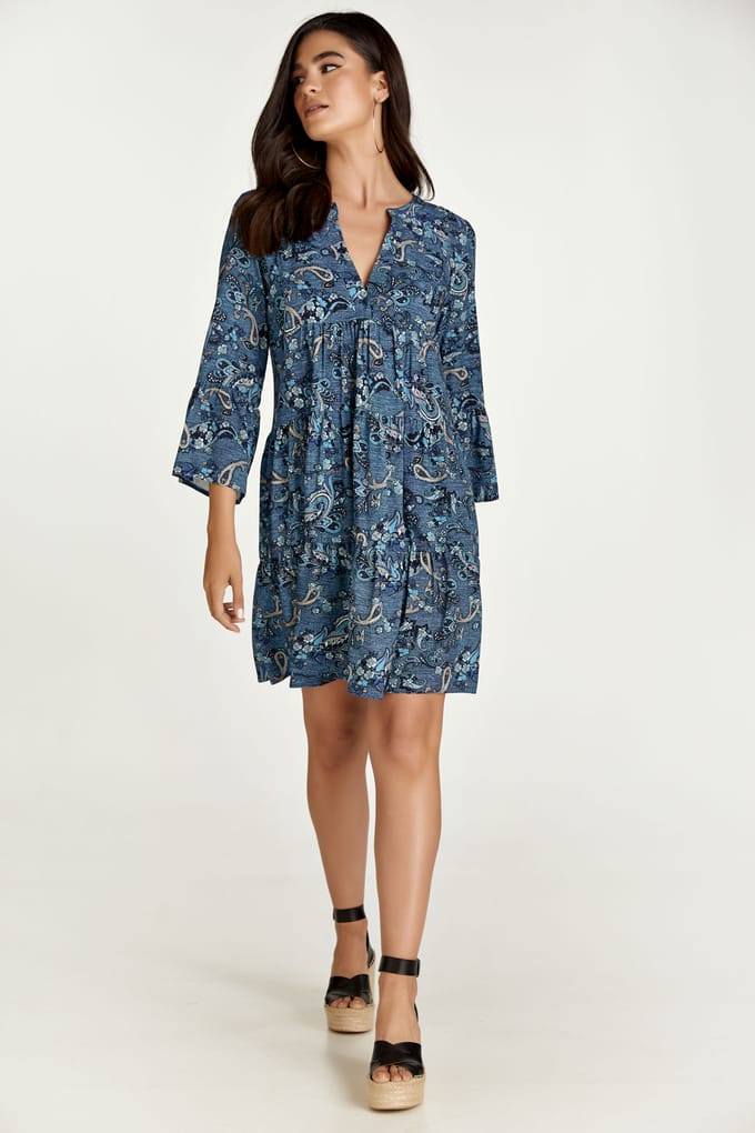 Indigo Paisley jurk met geplooide naden