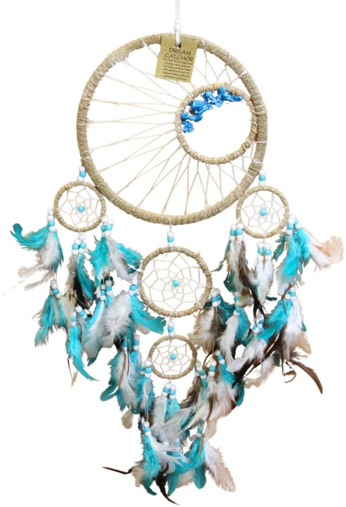 Dromenvanger - 22 cm - Turquoise steentjes met veren - 5 ringen