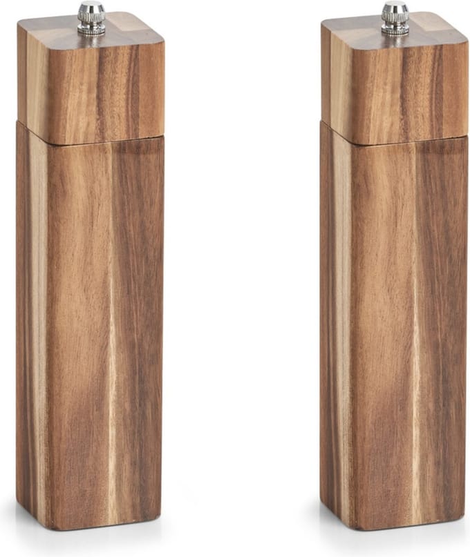 2x zeller peper- / zoutmolen - acaciahout - verstelbaar molentje - 21 cm