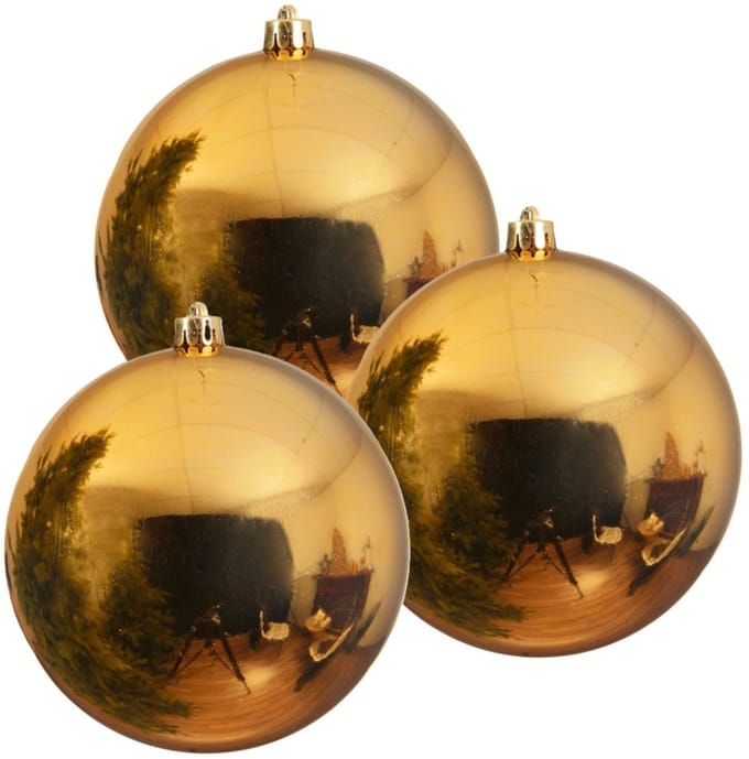 Decoris grote kerstbal - 3x - goud - glans - kunststof - 14 cm - onbreekbaar - kerstversiering - kerstboomversiering