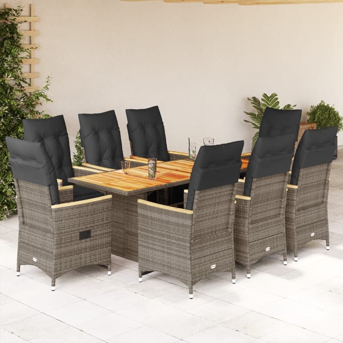 vidaXL - 9-delige - Bistroset - met - kussens - poly - rattan - grijs