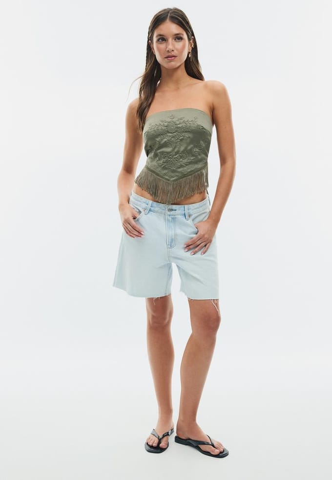 Stradivarius Bustier top met borduursel en franjes  Kaki M
